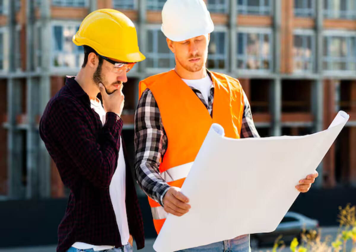 Contractors monitoring the commercial building construction