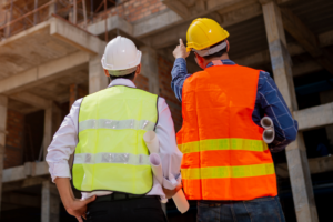 Two commercial building contractors inspecting a commercial building under construction