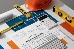 Commercial building construction plans laid out on a table