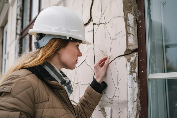 A woman inspecting cracks on her building to confirm the need for commercial building remodeling