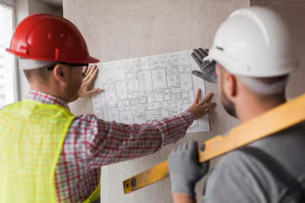 Contractors discussing plans for a successful commercial building remodeling